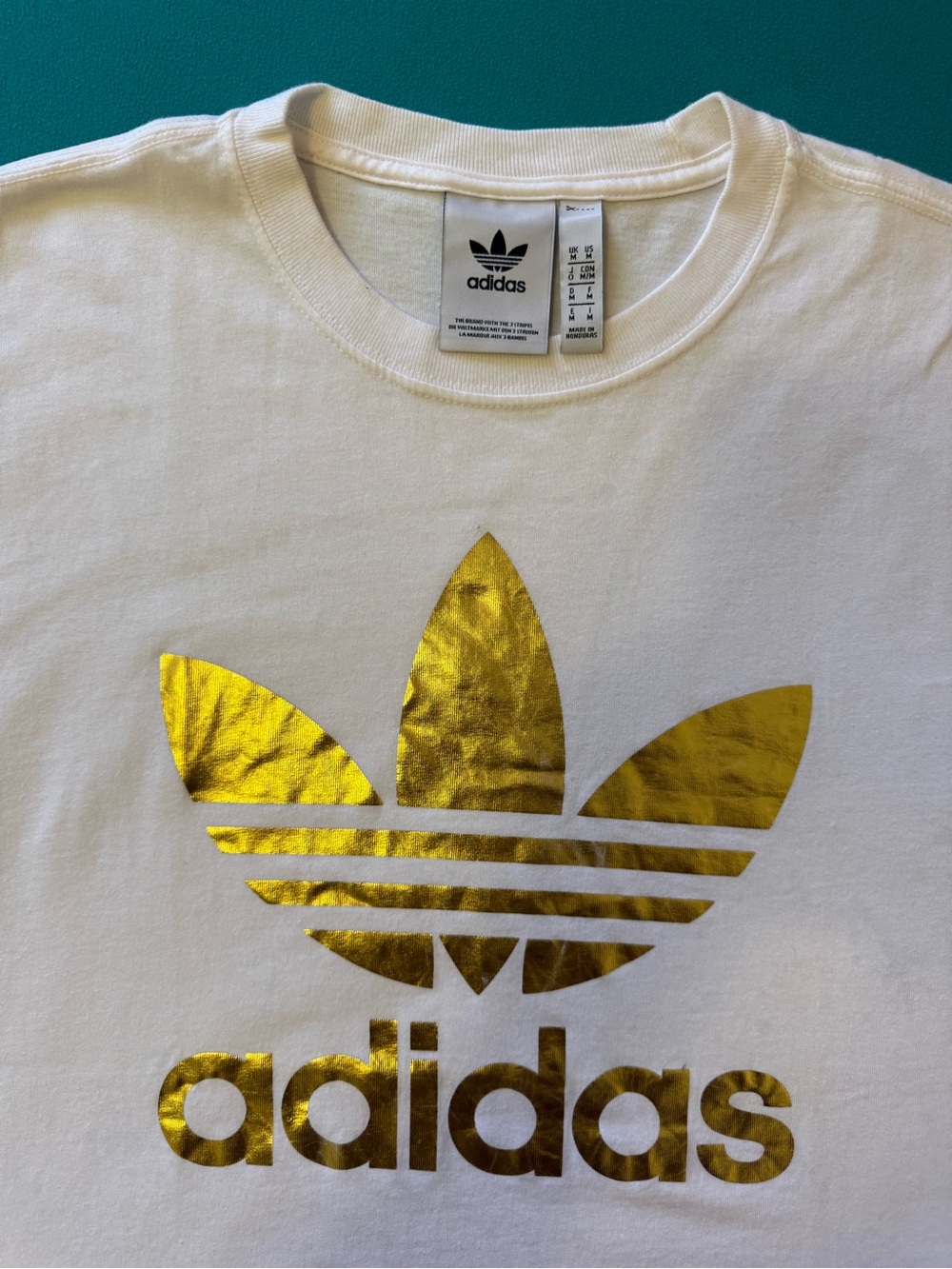 adidas White T-Shirt with Metallic Gold Trefoil - Picture 3 of 3